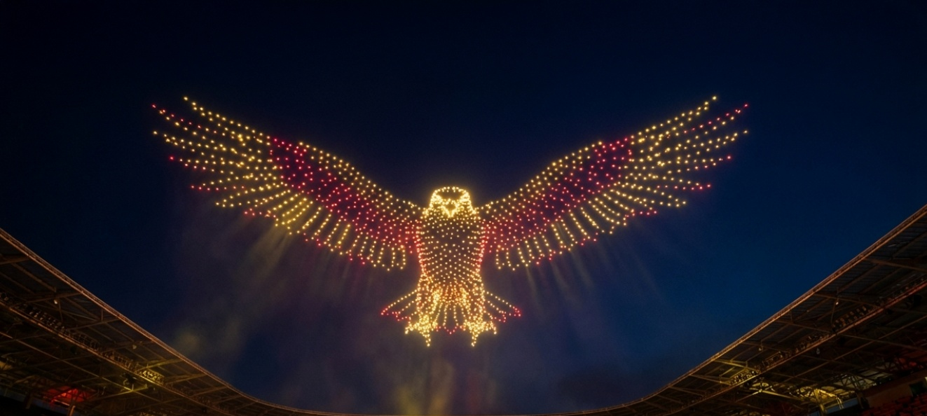 Large eagle drone show over a stadium