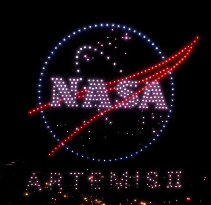 NASA Artemis logo created with drones in the night sky