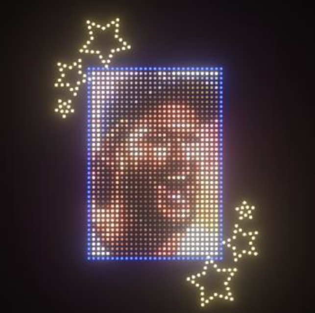 Portrait-style drone light show surrounded by stars